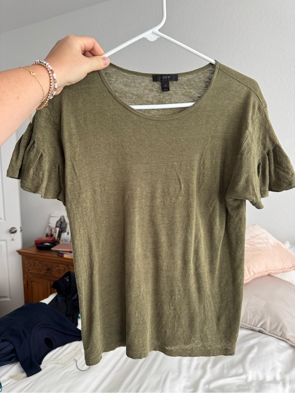 J. Crew Olive Green Ruffle Sleeve Tee